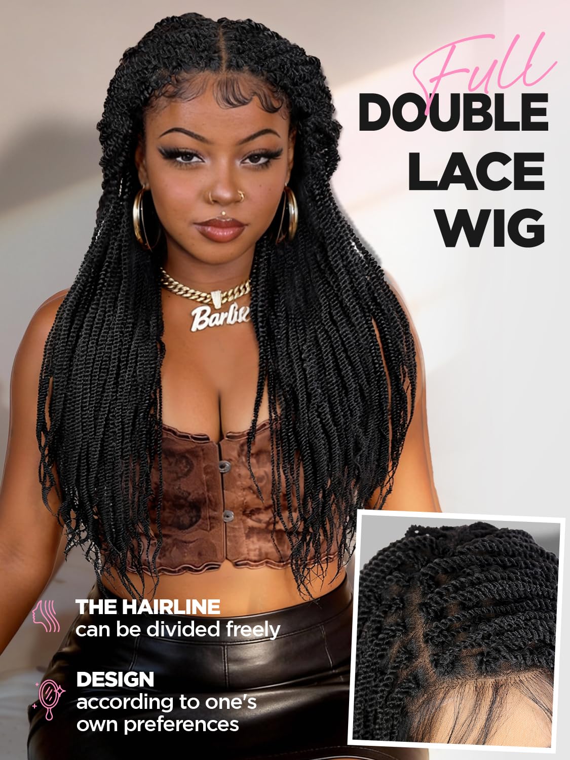 Quantum Love Mini Twist Braided Lace Wig Square Knotless Twist Braided Wigs for Black Women Lace Front Knotless Braid Dreadlock Synthetic Black Hair 26 Inch