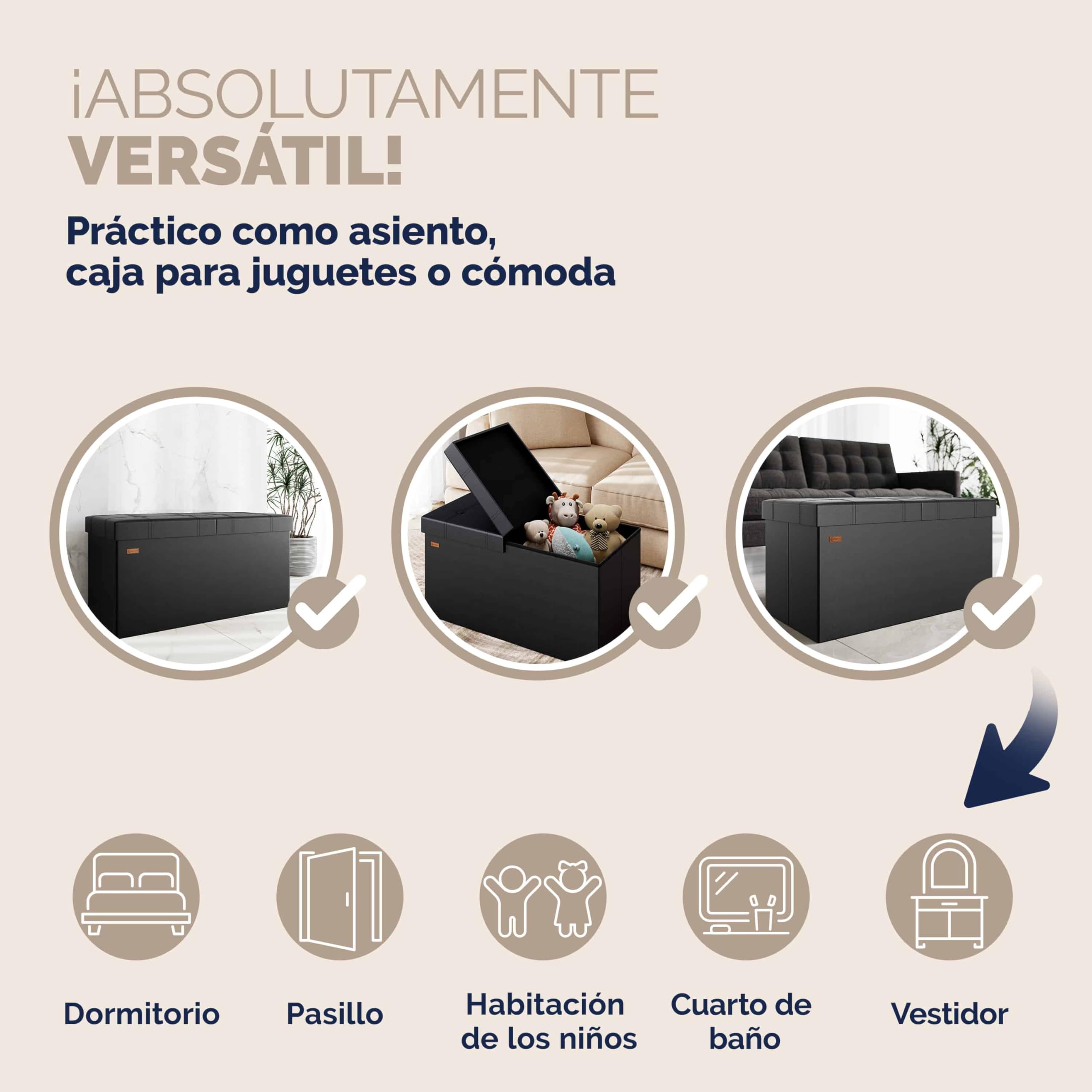 CASARIA® Banco Almacenaje Baúl Capacidad 100L Carga hasta 300kg Resistente 80x40x40cm Puff Otomana Plegable Tapizado Acolchado Salón Dormitorio Entrada Negro