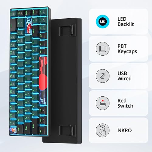 Miniatura 3 de Teclado para juegos al 60%, teclado mecánico con cable, teclado compacto de 68 teclas con interruptor rojo retroiluminado LED, NKRO para Win PC,
