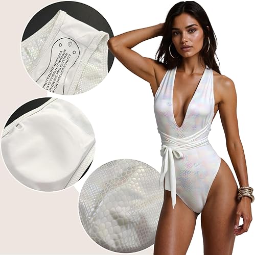 Miniatura 5 de Yunison Traje de baño de piel de serpiente metálico halter profundo V traje de baño de una pieza con pierna alta conjunto para mujeres rave traje