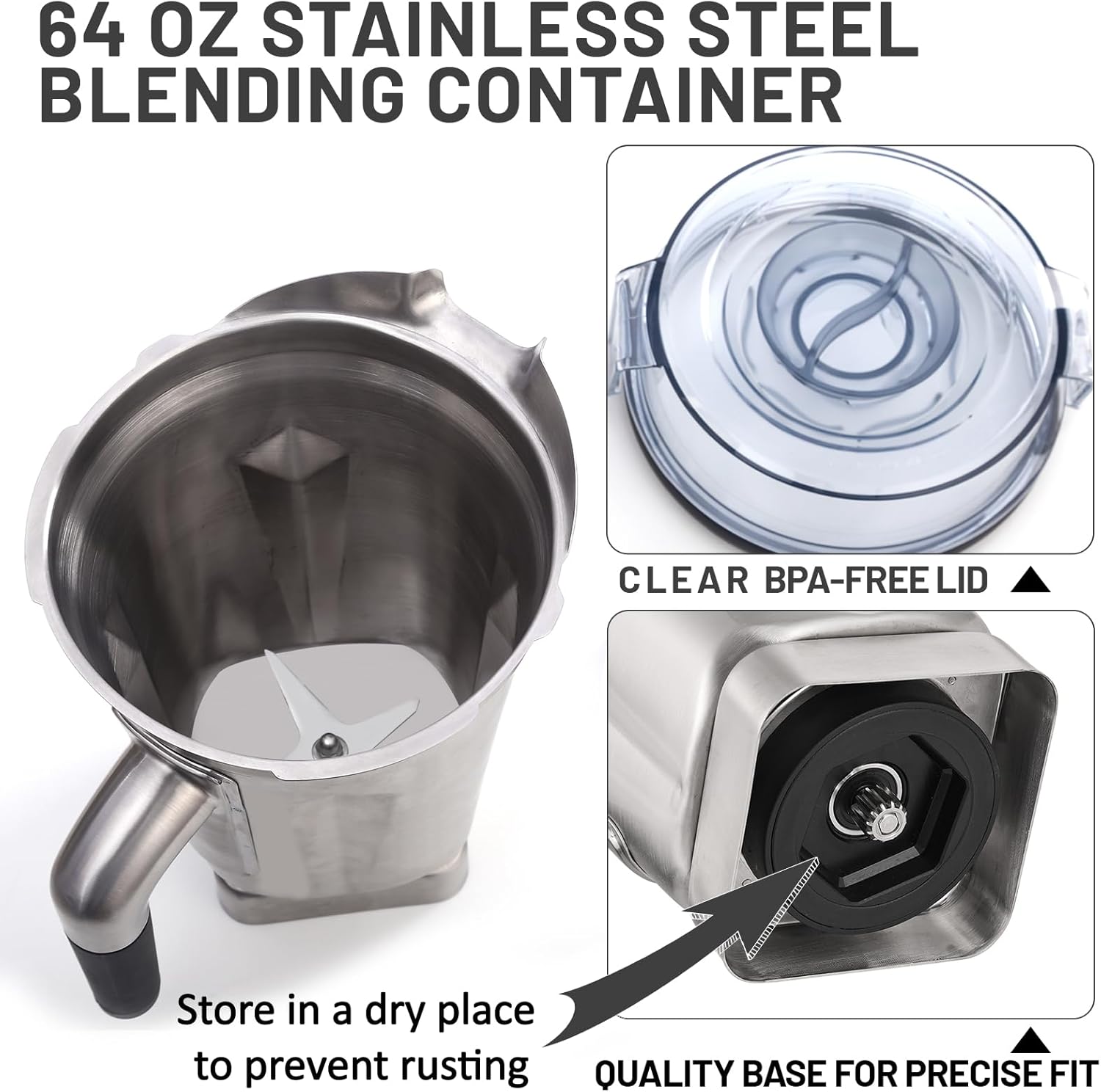 64 oz Stainless Steel Container for Vit Blender Pitchers, Compatible with Classic/Explorian/Professional/Ascent Series, for 5200 A3500 750 X5 E320 and Other Full-Size Blenders, Durable, BPA-Free