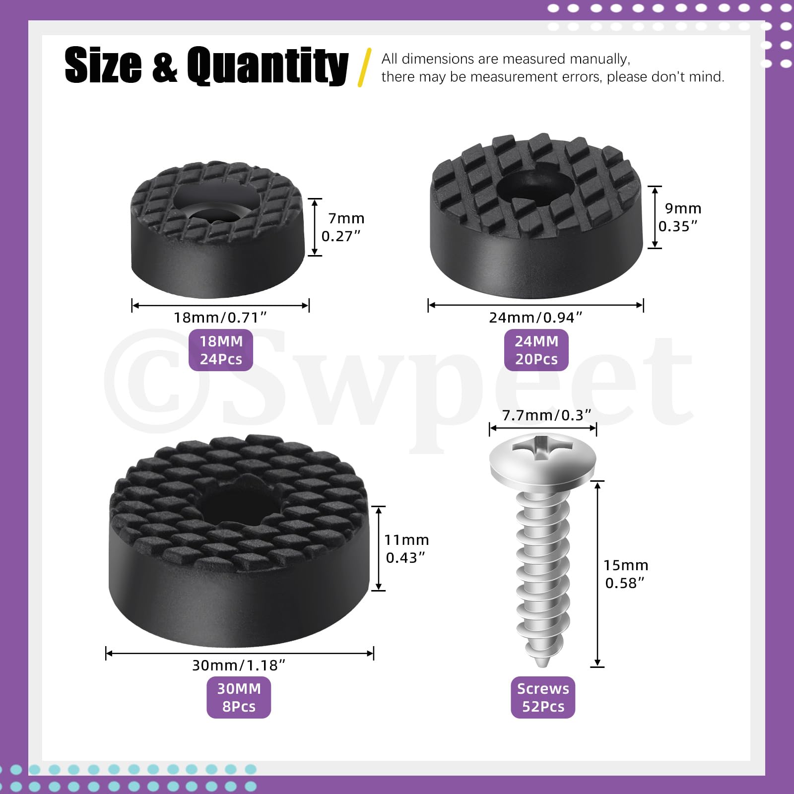 Swpeet 52 Sets 3 Sizes 18mm & 24mm & 30mm Round Black Furniture Pads with Screws - Image 2