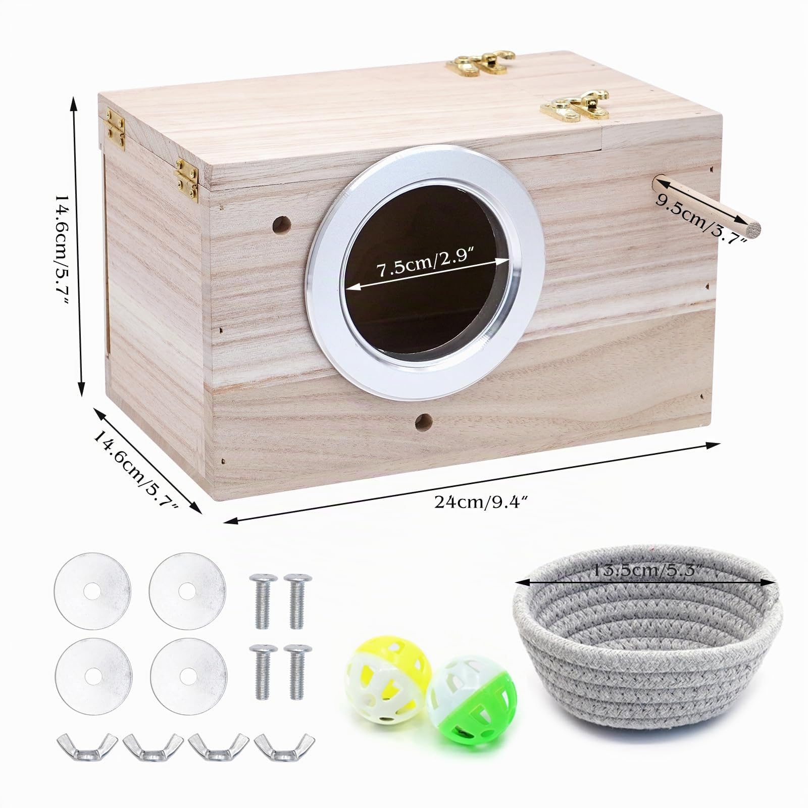 Caja Nido Madera para Periquitos - Caja Transparente para Cría de Pájaros con Pértiga y Ventana Redonda