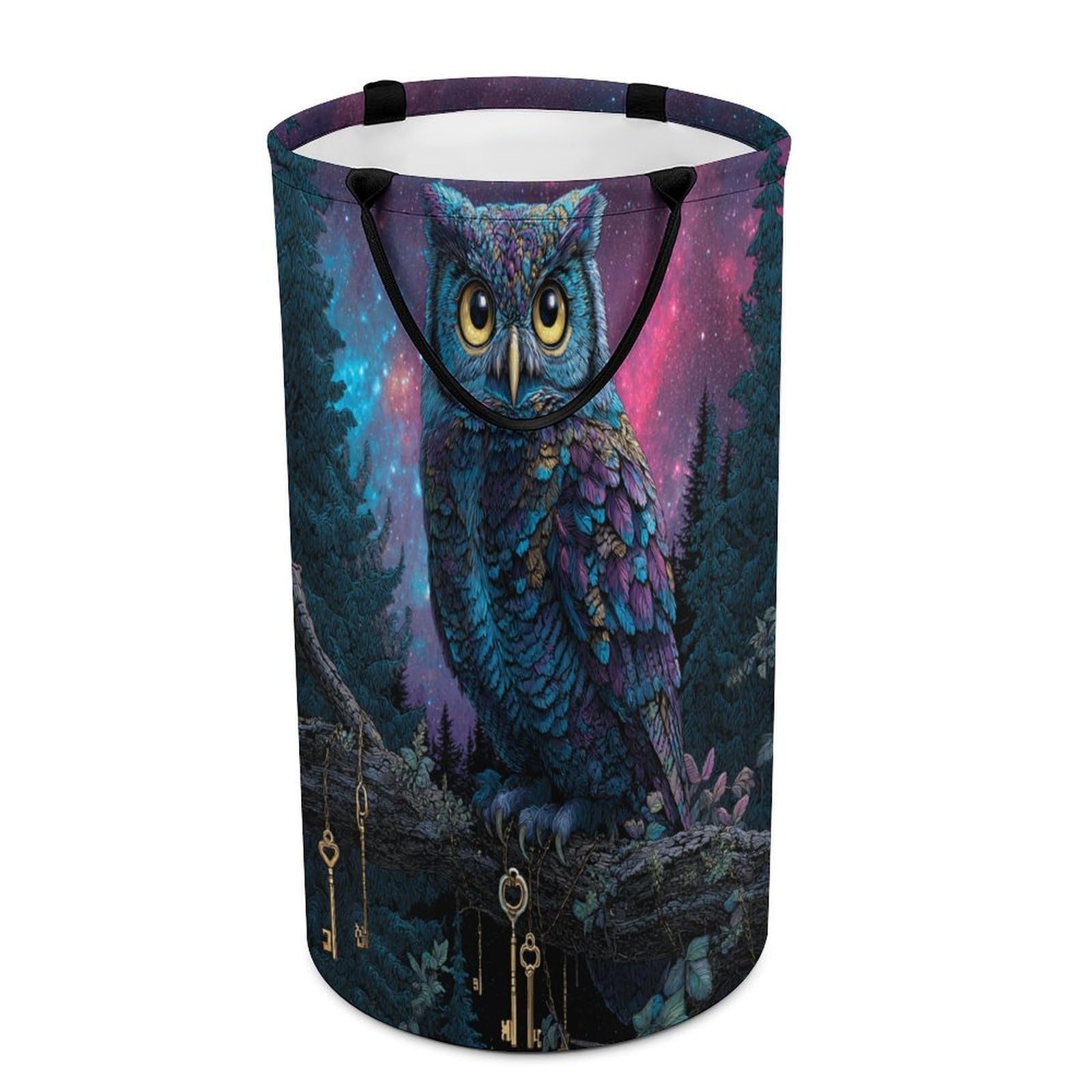 LUYYSKY Fantasy Abstract Cool Owl Collapsible Dirty Clothes Basket, Modern Oil Painting Starry Sky Galaxy Nebula Forest Animals Owl Portable Clothes Storage Basket