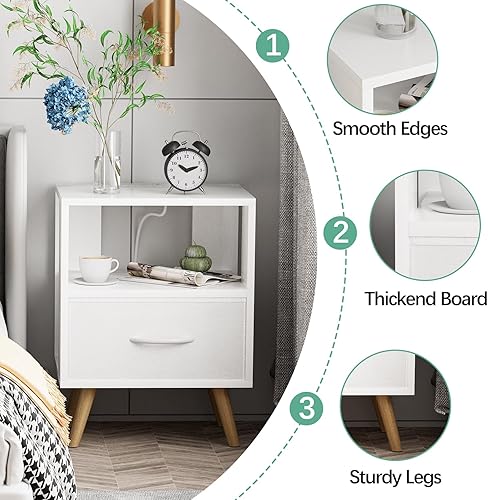 Miniatura 6 de Mesita de noche con estación de carga, mesita de noche blanca con cajón, mesita de noche de madera de 3 niveles con puertos USB y tomas, mesa