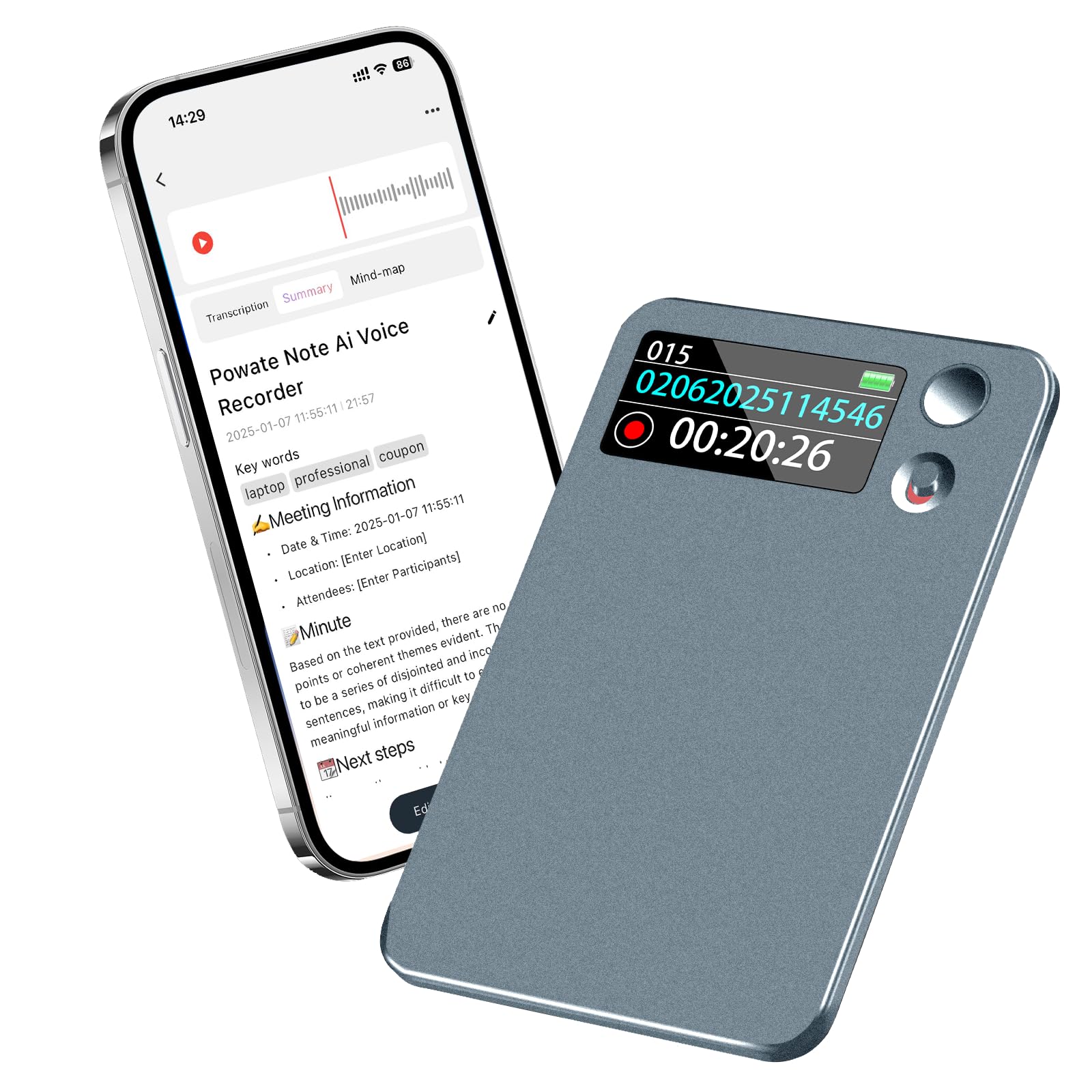 KI Digitales Diktiergerät - App-Steuerung, Transkription & Zusammenfassung mit AI-Technologie, 64GB Speicher, Audio-Recorder für Vorträge, Meetings, Anrufe,Grau