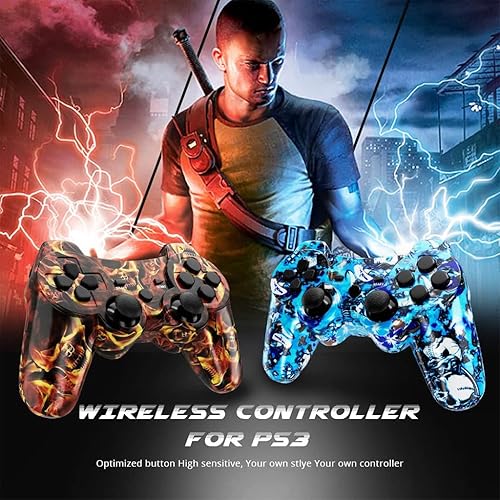 Miniatura 3 de Kujian Controller for PS3, Wireless Controller for Playstation 3 6-axis Dual Vibration Gaming Controller with Charging Cord(Blaze Skull+Blue punk)