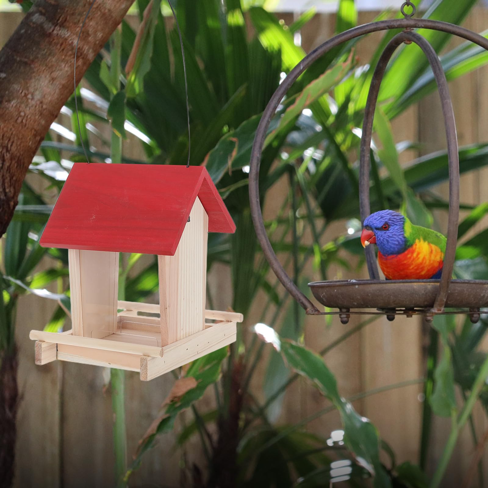 Mangeoire et Fenêtre D'observation à Suspendre en Bois Toit Résistant aux Intempéries Oiseaux Extérieure pour Chardonnerets et Oiseaux Sauvages Patio