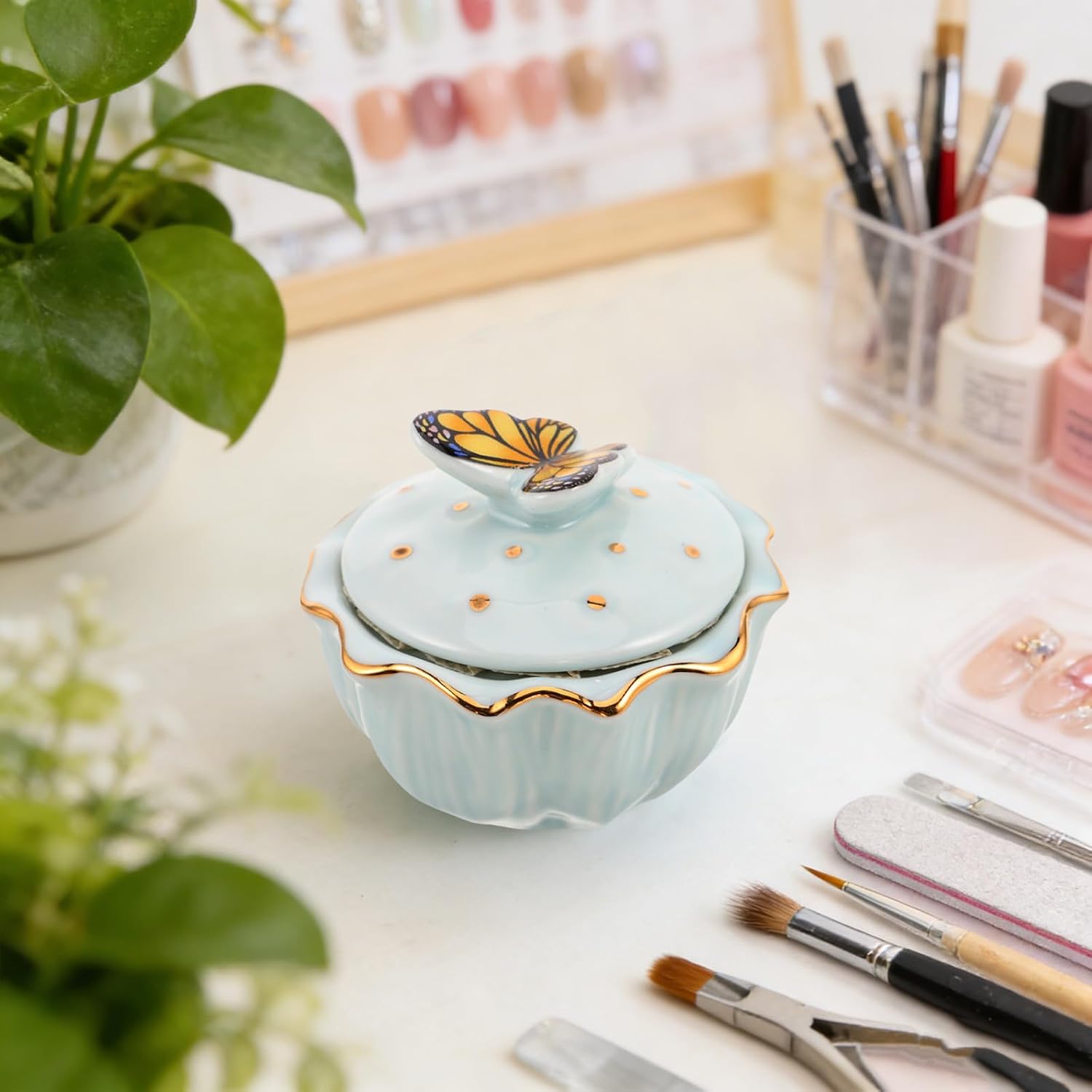 Ceramic Nail Brush and Butterfly Accent with Mesh Filter Cleaning Cup