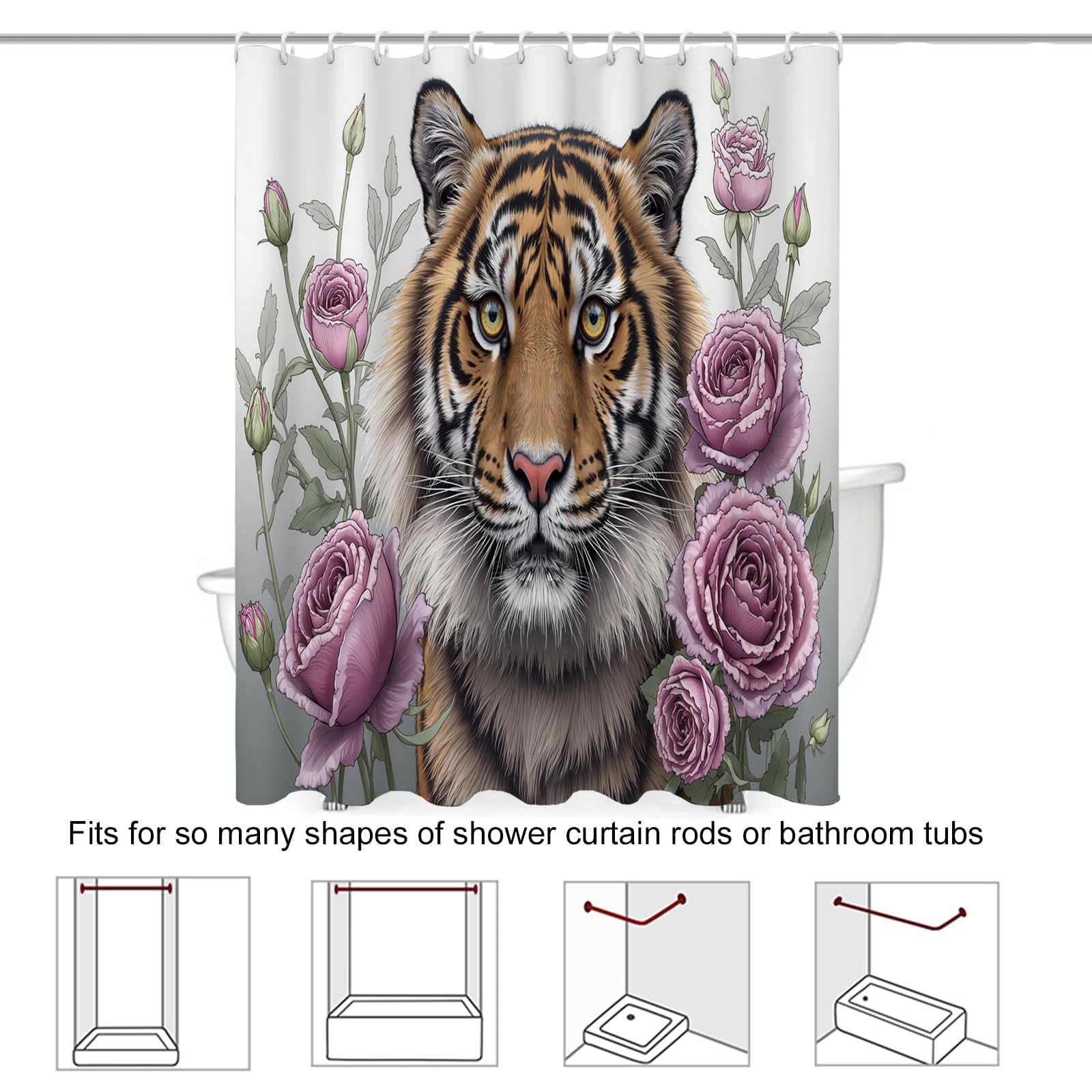 Rideau Douche,Rideau Baignoire Lavable en Machine Rideaux Douche Tissus Lavable Rideau De Baignoire Lavable pour Salle De Bain Domicile Baignoire Famille,Rose Tigre,
