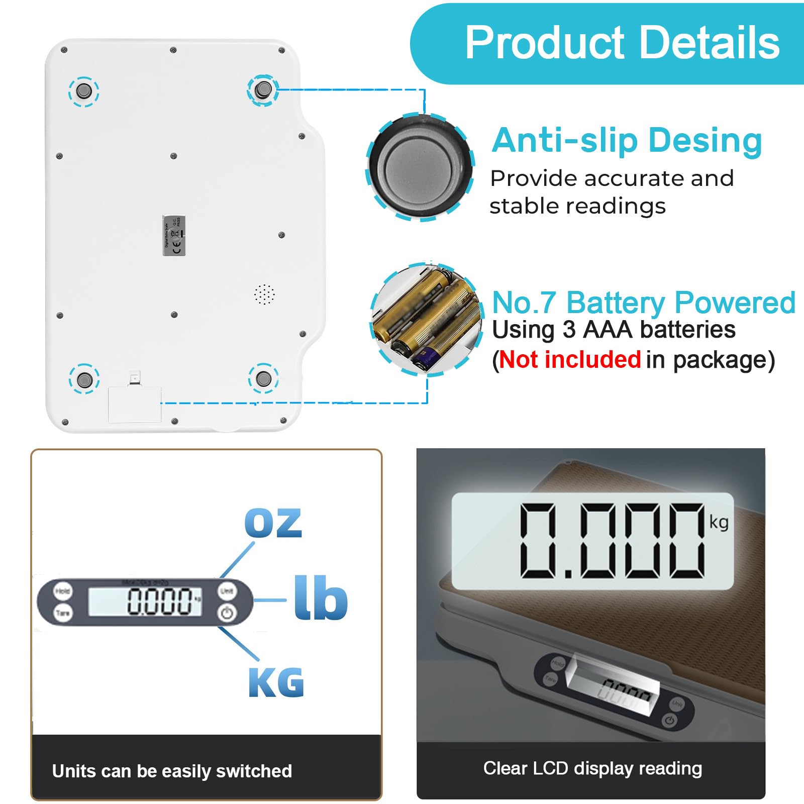 Balance Bébé Numérique 30kg 70cm avec Plateau Amovible, Fonction Hold, Tare, écran LED