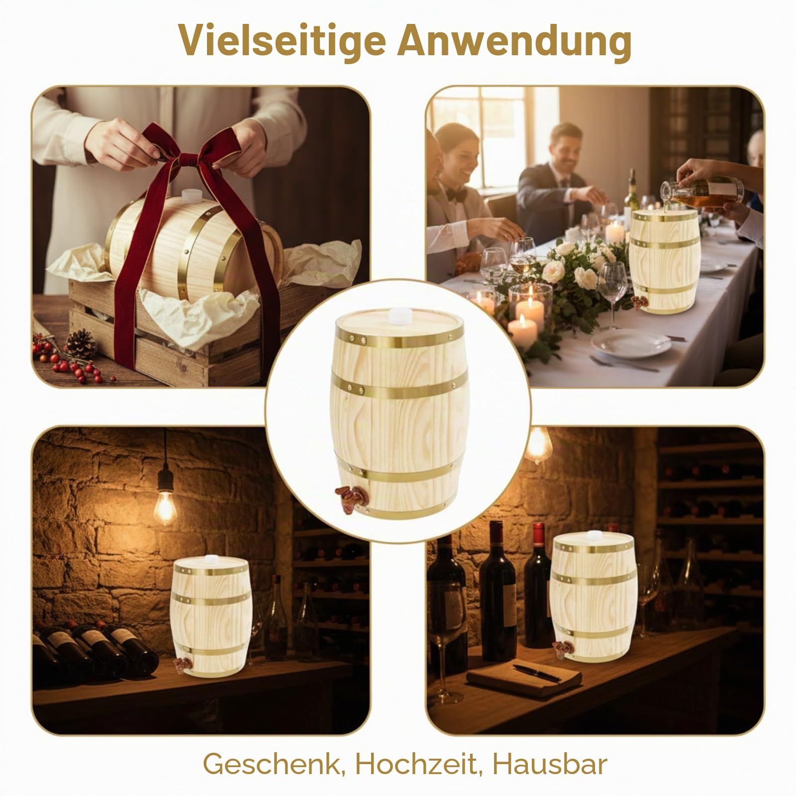 10 Liter Holzfass, Weinfass mit Zapfhahn, Weinbehälter, Belastbarkeit 30 kg für die Lagerung von Whisky, Tequila, Wein, Bier usw - BxH 26 x 33 cm