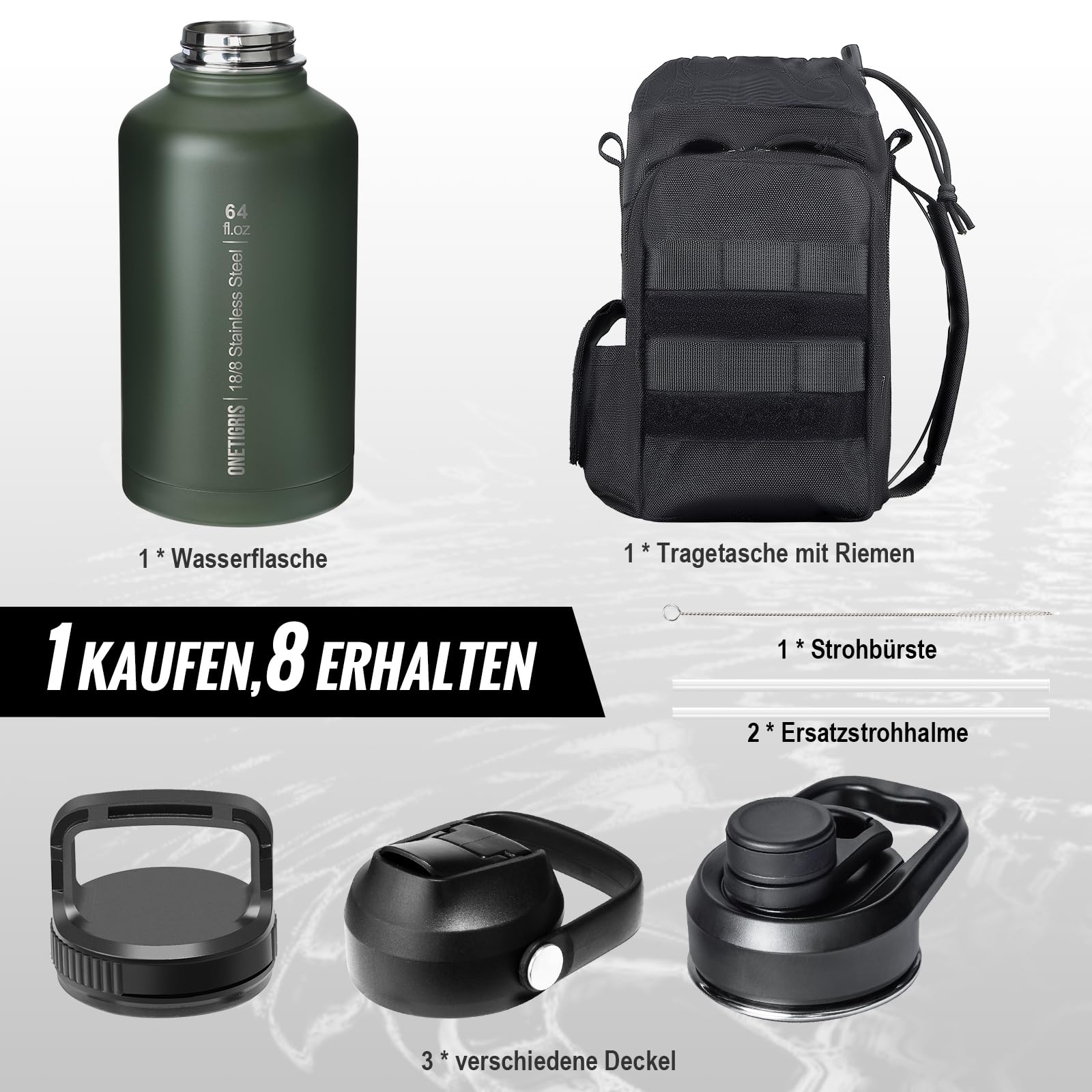 OneTigris Edelstahl Trinkflasche, Wasserflasche 1,9L Hohe Kapazität, Sportflasche mit gute Isolationswirkung für Fahrrad, Camping, Yoga, Gym, Softair, OD Grün, 64OZ