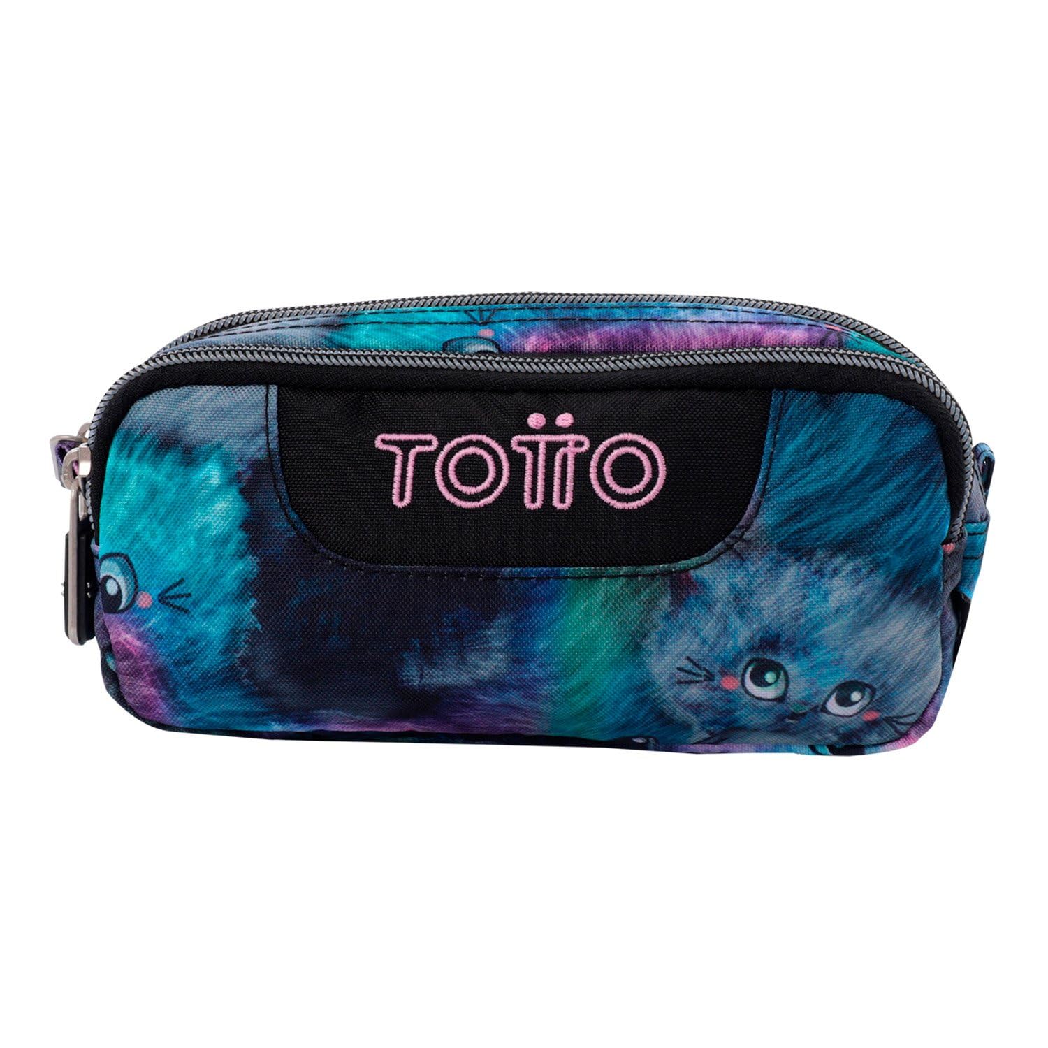 TOTTO - Estuche Escolar Dos Compartimentos, Modelo sobre, Estuche Grande, Dimensiones 20 x 9.5 x 7 cm, Estuche con Cremallera, Compacto y Resistente, Estampado Kitten Gris