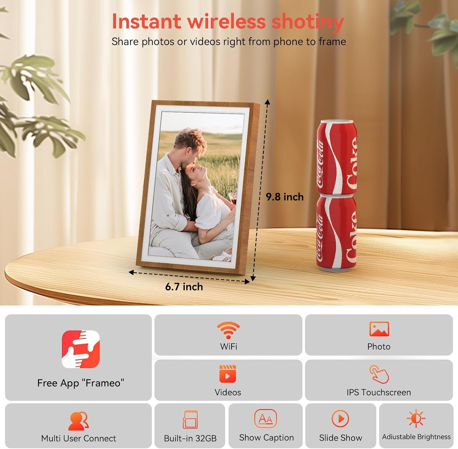 Frameo 10.1" Digital Picture Frame with 32GB Memory WiFi Electronic Photo Frame Wood HD Touch Screen Auto-Rotate Slideshow Wall Mountable Share Photos/Video Remotely Anywhere(Warm Wood)