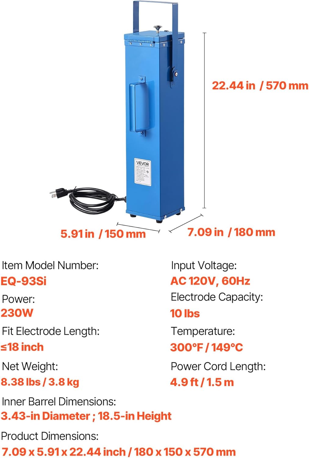 VEVOR Portable Welding Rod Oven, 10LBS Capacity Electrodes Drying Oven 230W 120V, 300℉ Fast Heating Welding Rods Dryer for 18-inch Stick Electrodes - with Easy-to-Carry Handle & Safety Locking Latch