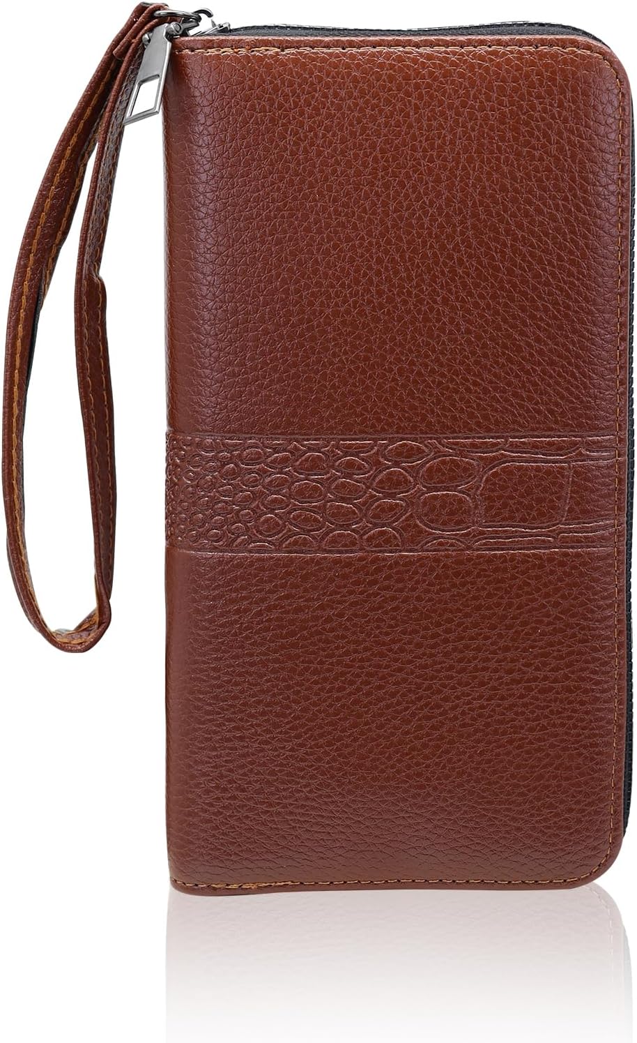Men’s Wallet, Minimalist Leather Long Wallet, Large Capacity Card Wallet Clutch Purse with Zipper and Wrist Strap, Coffee, 19.5 x 10 x 2.5 cm / 7.68 x 3.94 x 0.98 in, Modern