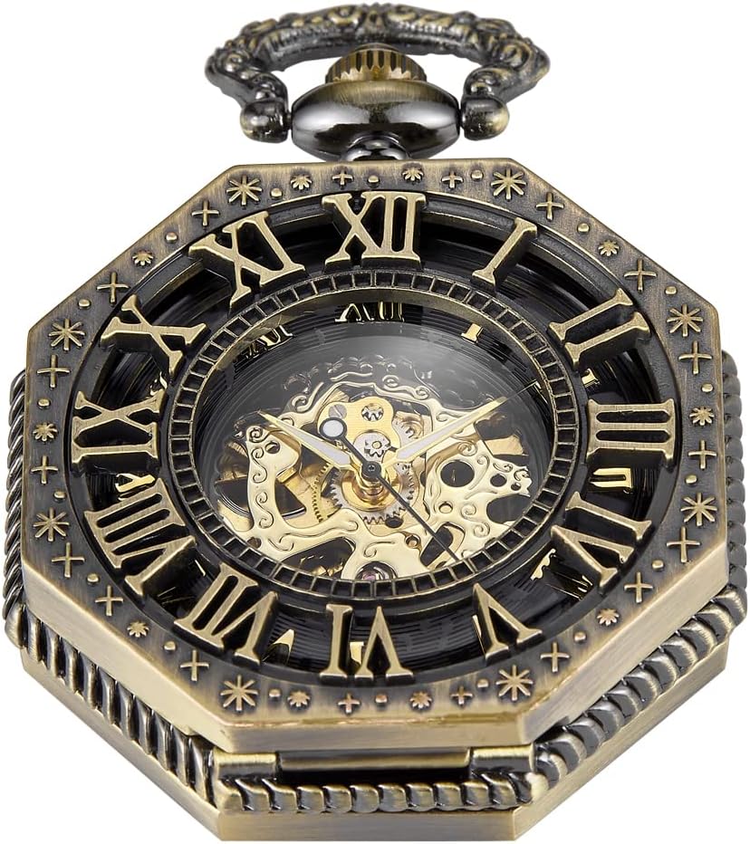 Antique Mechanical Pocket Watch for Men，Irregular Octagon Skeleton Pocket Watch, Roman Numeral Dial with Chain + Box