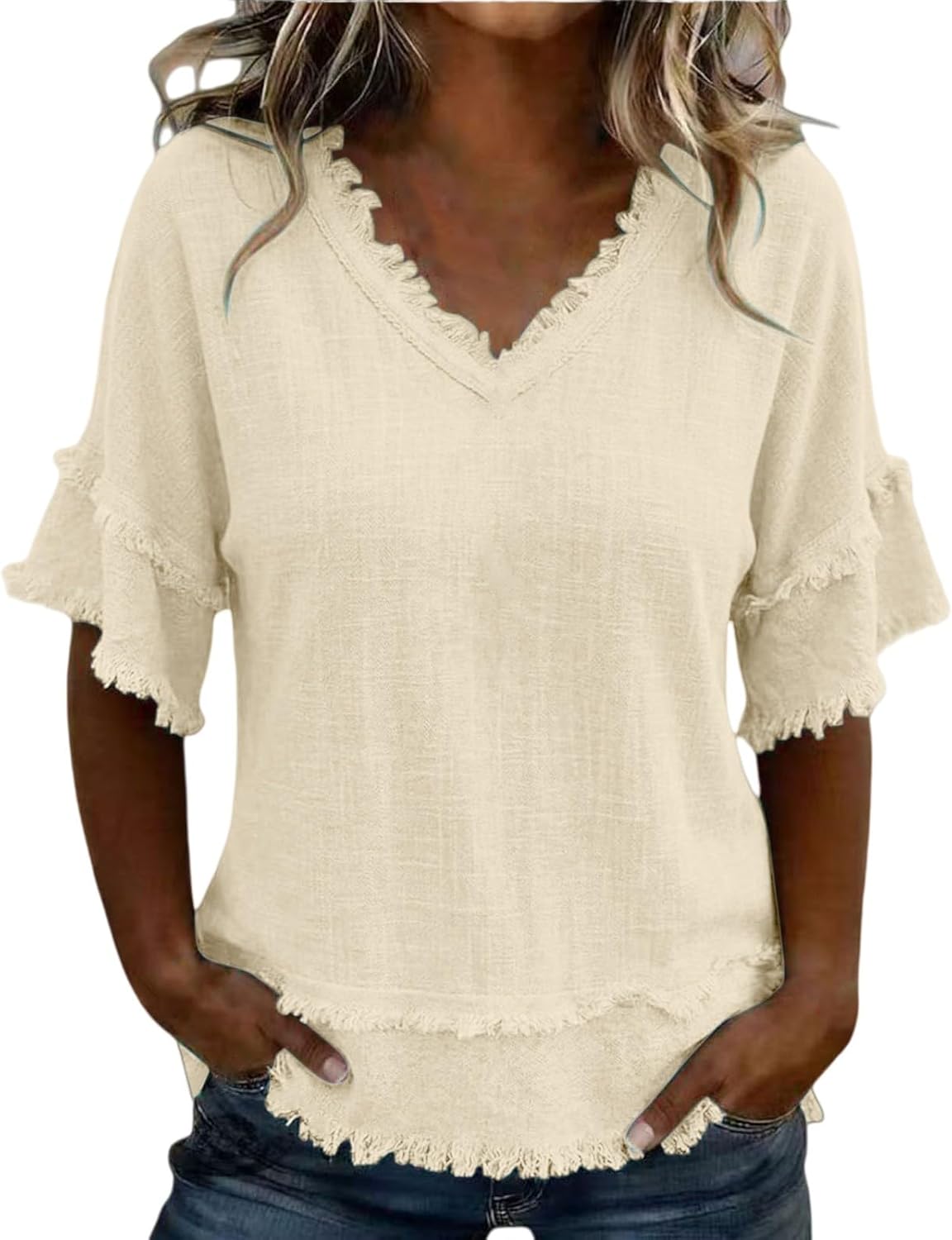 Boho Tops for Women Cotton Linen Shirts Short Sleeve Gauze Fringe Tops