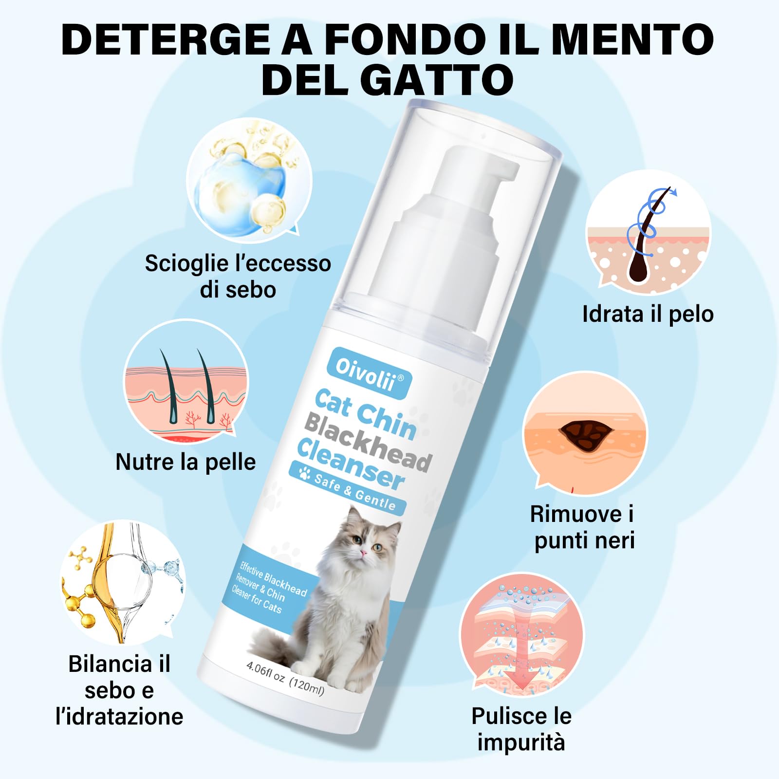 Kit Detergente per Punti Neri del Gatto, 120 ml – Trattamento Delicato ed Efficace per l'acne del Mento con Spazzola in Silicone 2-in-1