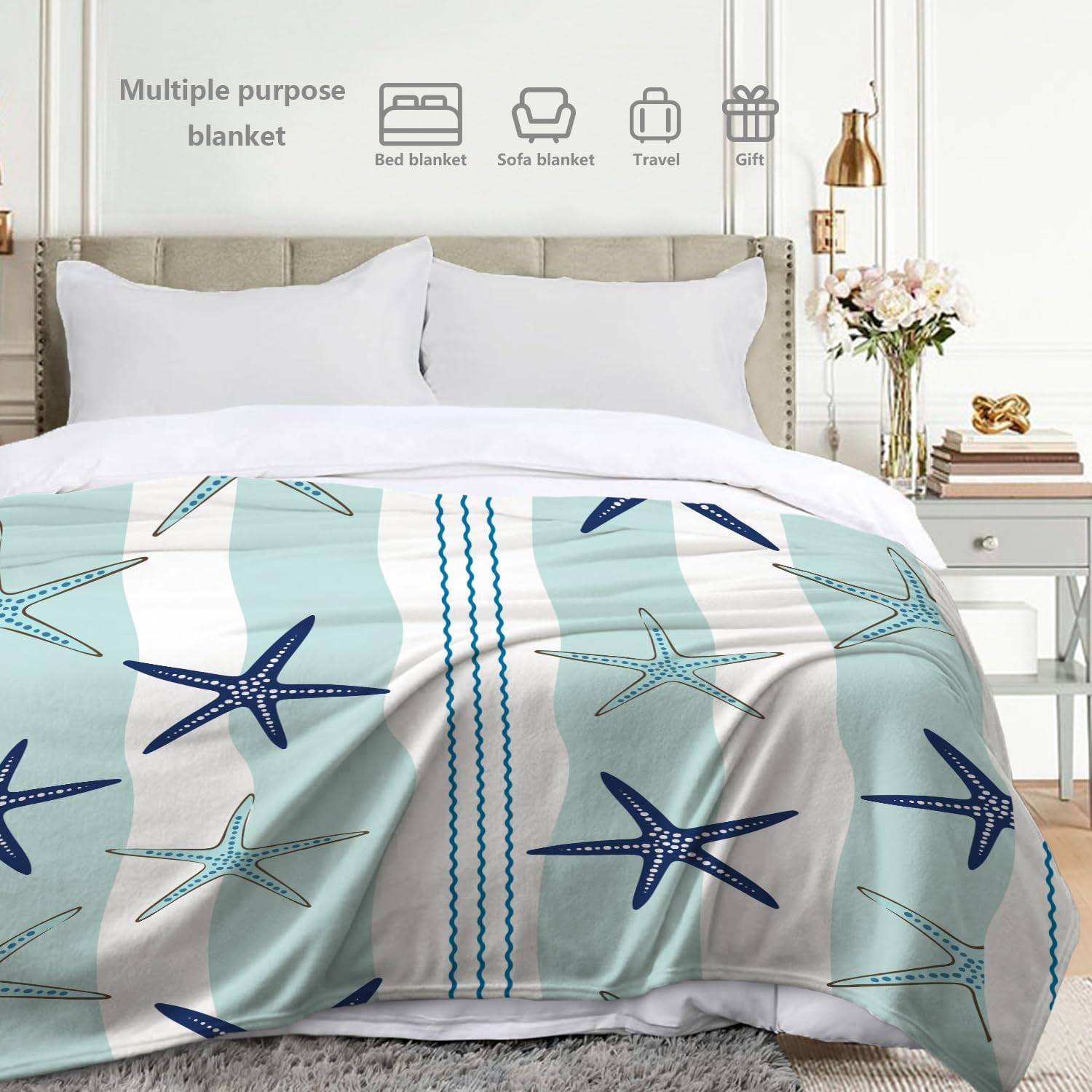 Batmerry Duotone Blue Nautical Starfish Throw Blanket for Couch Sofa Bed,Dark Blue Coastal Stripe Super Soft Warm Fuzzy Plush Blankets Decor Lightweight Cozy Travel Camping Blanket 60 x 40 in