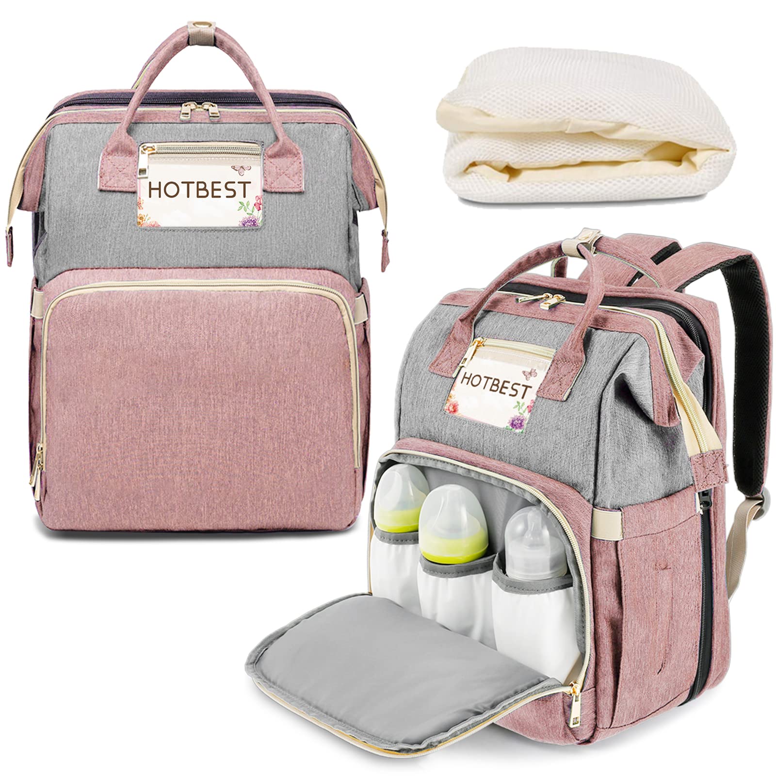 HOTBEST Diaper Bag Backpack, Large Baby Bag, Nappy Changing Bags with Changing Pad, Multifunction Waterproof Travel Essentials Baby Bag, Unisex and Stylish(Pink Gray)
