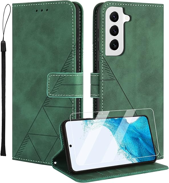 Togestar for Samsung S22 Case, [Vivid Geomatrical Pattern PU Leather] [Wrist Strap] Magnetic Closure Flip Wallet Case Card Slots Kickstand Full Protection Shockproof Case,Green