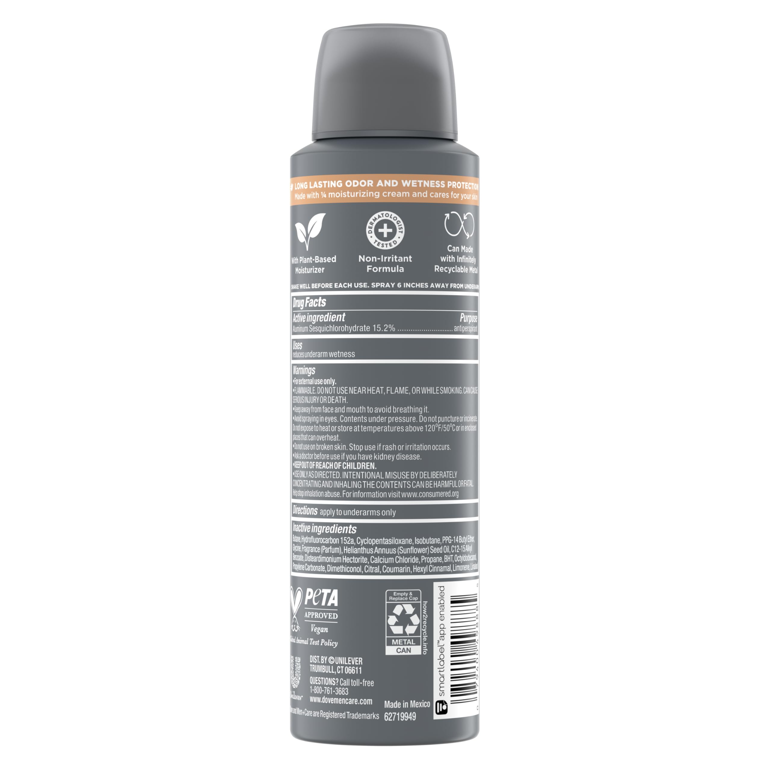 Dove Men+Care - Desodorante estimulante antitranspirante en aerosol seco, madera de cedro y frijoles tonka, 4 unidades, 48 horas, desodorante de protección contra olores para hombres, hidratante a