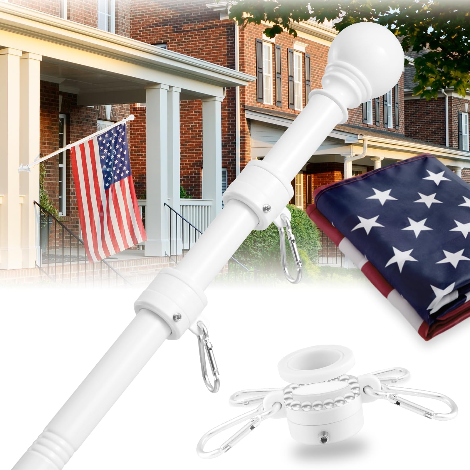 Flag Pole for House- 5ft Tangle Free Flag Pole kit with 3x5 Embroidered American Flag for Outside House Porch Parade Garage Boat(Without Bracket)