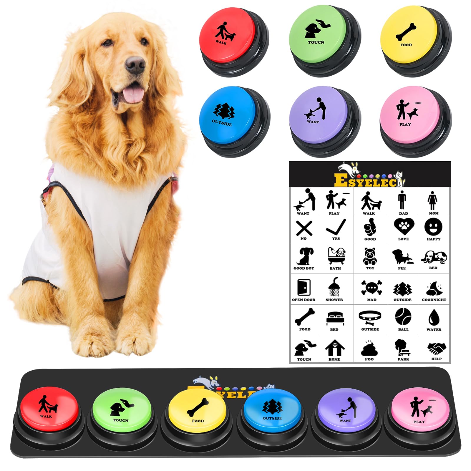 6 Pcs Dog Talking Button Set, Dog Buttons for Communication 30s Voice Recording Speaking Button Pet Speech Training Buzzers with 30 Scene Stickers and Waterproof Anti-Slip Mat for Animal Training
