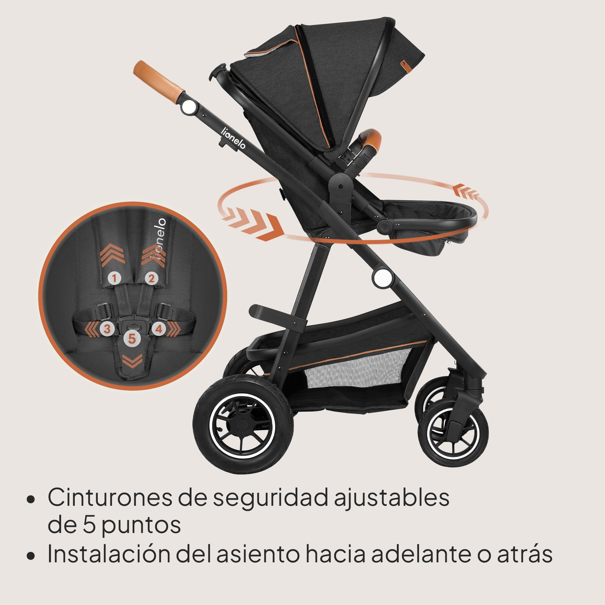 LIONELO Amber Coche de bebé multifuncional 2 en 1 Conjunto silla de paseo con el Asiento de Cubo e Capazo Manillar regulable Bolsa Mosquitero Protector de lluvia