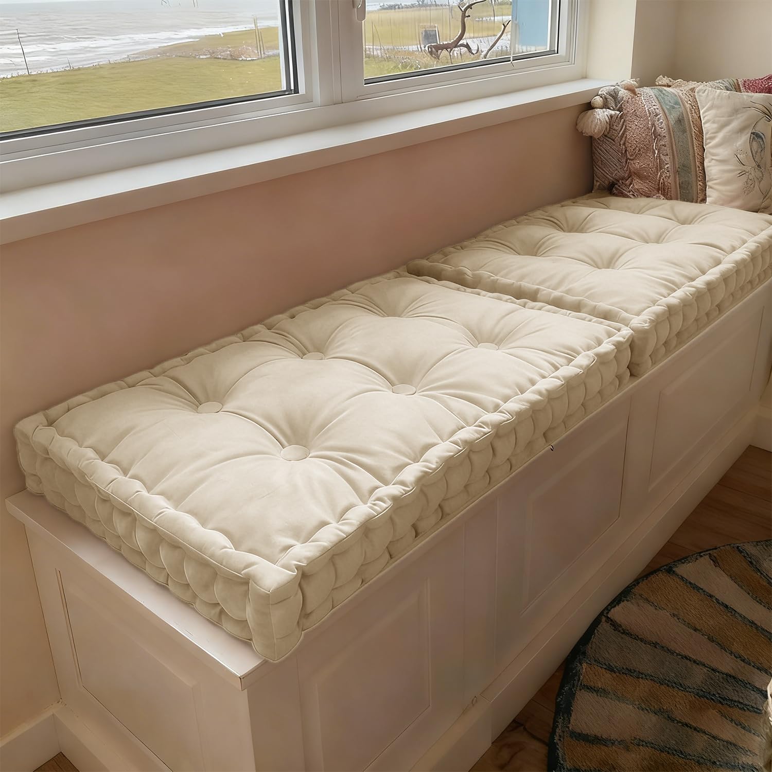 WLXFF Bench Cushion Indoor, Velvet Window Seat Cushions with Handle 10cm Thick Plush Windowsill Seat Cushion, Bay Window Cushion, Tufted Buttons Bench Seat pad for Piano, Dining Chairs,NO10,150x40cm
