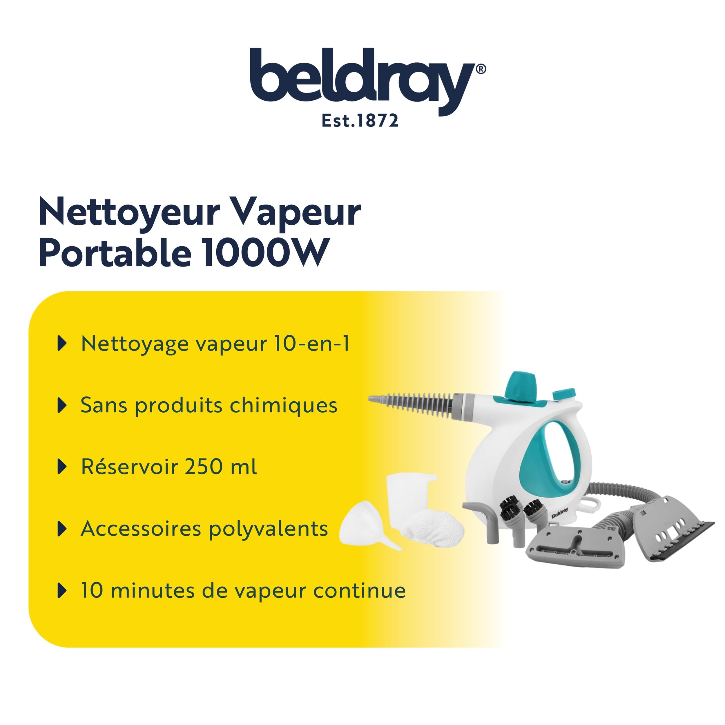 Beldray Nettoyeur Vapeur à Main 10-en-1 , Prise EU, Nettoyage et Désinfection Vapeur Multifonctionnel, Réservoir d'Eau de 250ml, Accessoires Nettoyage pour Rideaux, Salle de Bain, Cuisine etc, 1000W