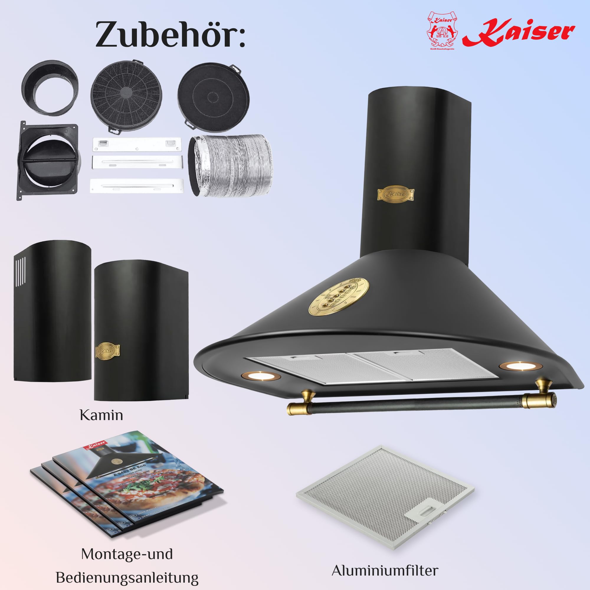 Kaiser 9423 Be Rétro Hotte aspirante murale 90 cm,Hotte murale, Luxe fabricant Kaiser, 3 vitesses .910m³/h,Eclairage LED, Hotte, Timer,Gagnants German Brand Award 2018,Hotte cheminée