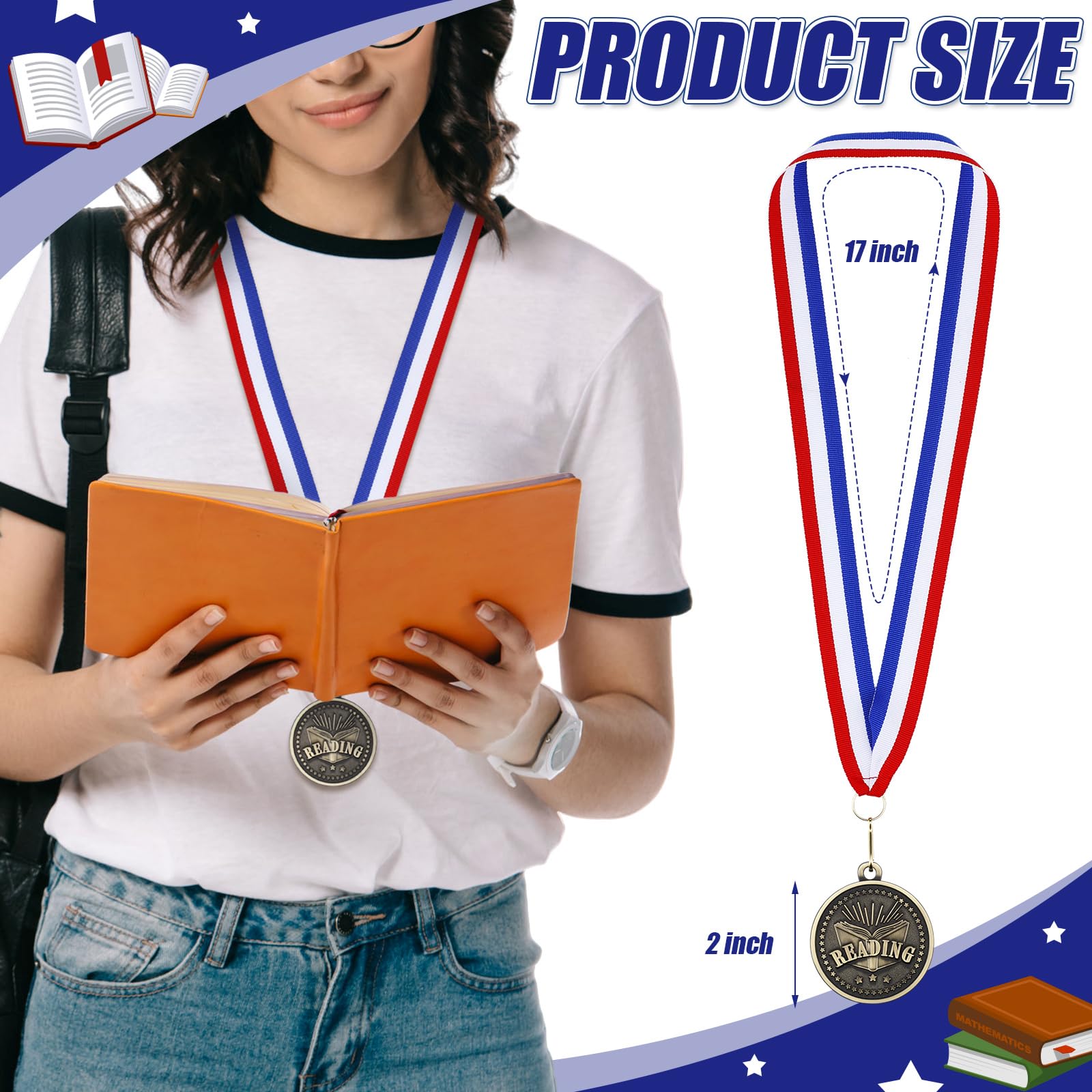 Medallas de lectura de 2 pulgadas, medallas de oro con cinta para el cuello, medallas de premio de gusano para niños, premio de trofeo, regalo para académicos, amantes de los libros,