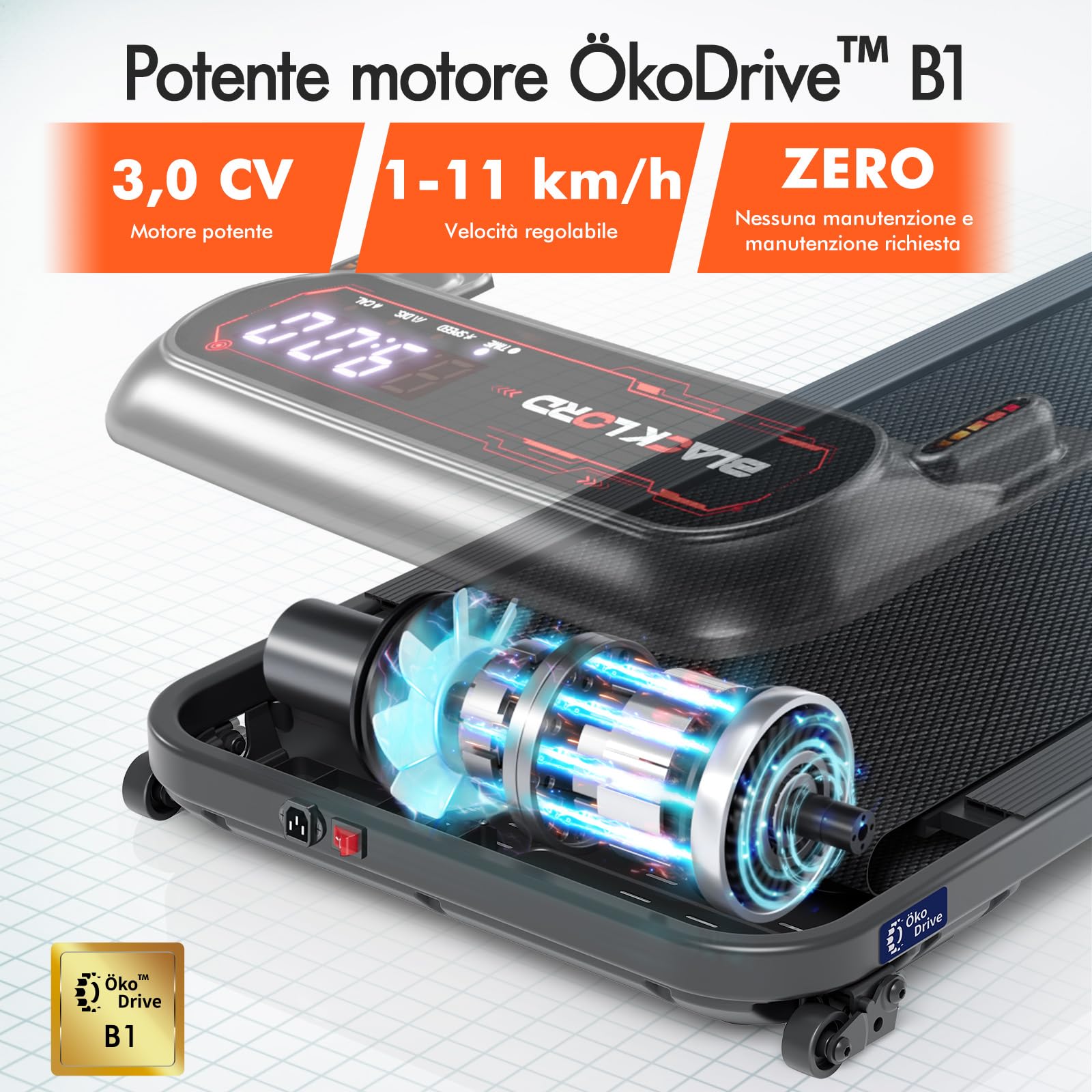 BLACK LORD Tapis roulant X7, Walking Pad sottoscrivania, Motore silenzioso 3.0CV, Portata 130kg, Tracciamento Bluetooth, 3 livelli inclinazione, Nastro antiscivolo (Senza maniglione, Nero)