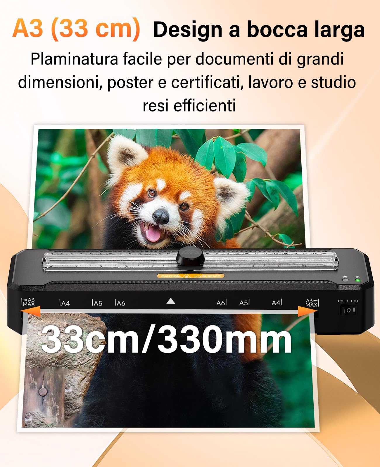 A3 Plastificatrice, Plastificatrice a Freddo e Caldo con 10 Sacchetti e Arrotondatore per angoli, 90s per riscaldarsi, Sistema a Doppio Rullo, Laminatrice per Scuola, Ufficio e Casa Documenti Foto