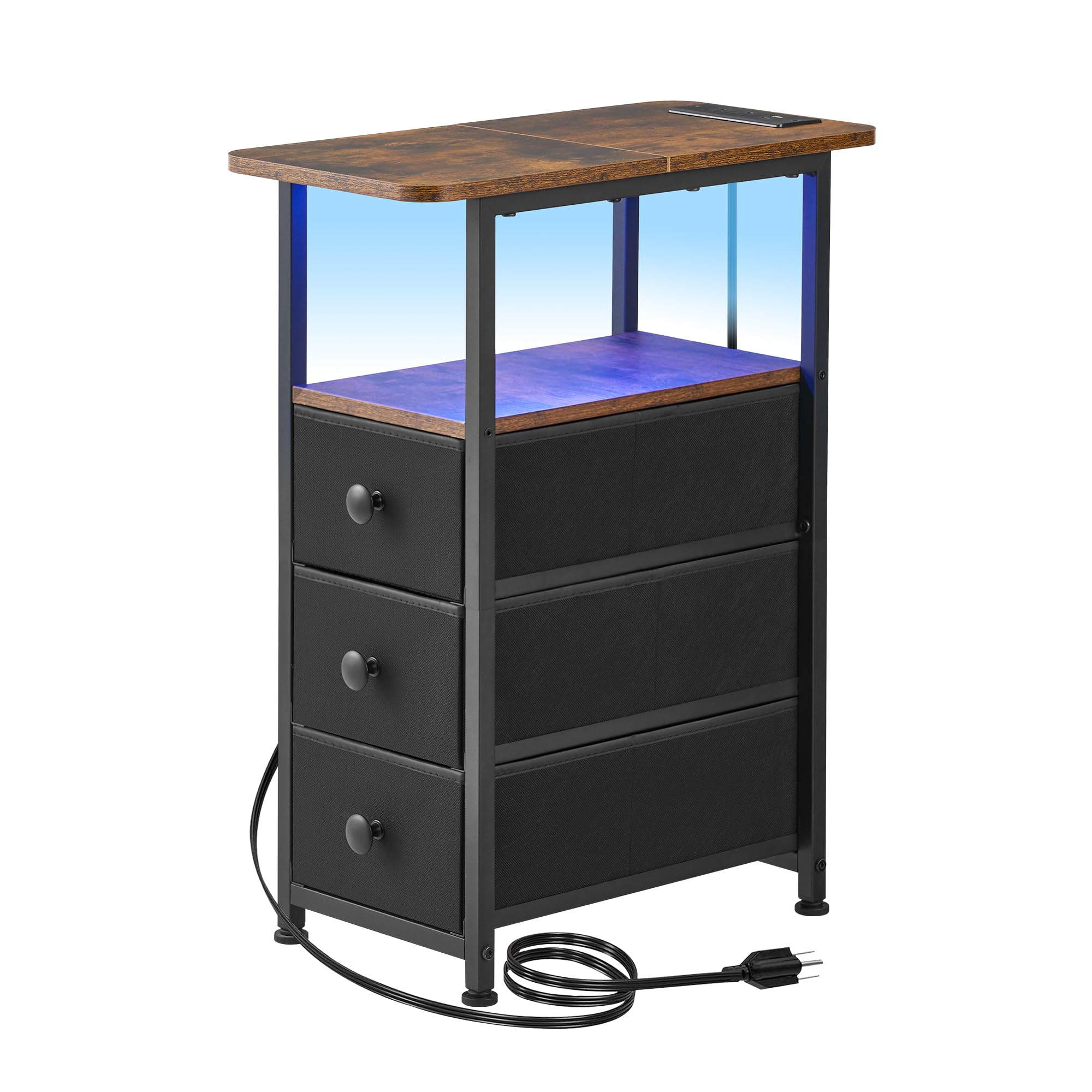 DALEMHOME Narrow End Table with Charging Station, Narrow Side Table with Drawer, Small Nightstand with LED Light, Skinny Nightstand, Small Bedside