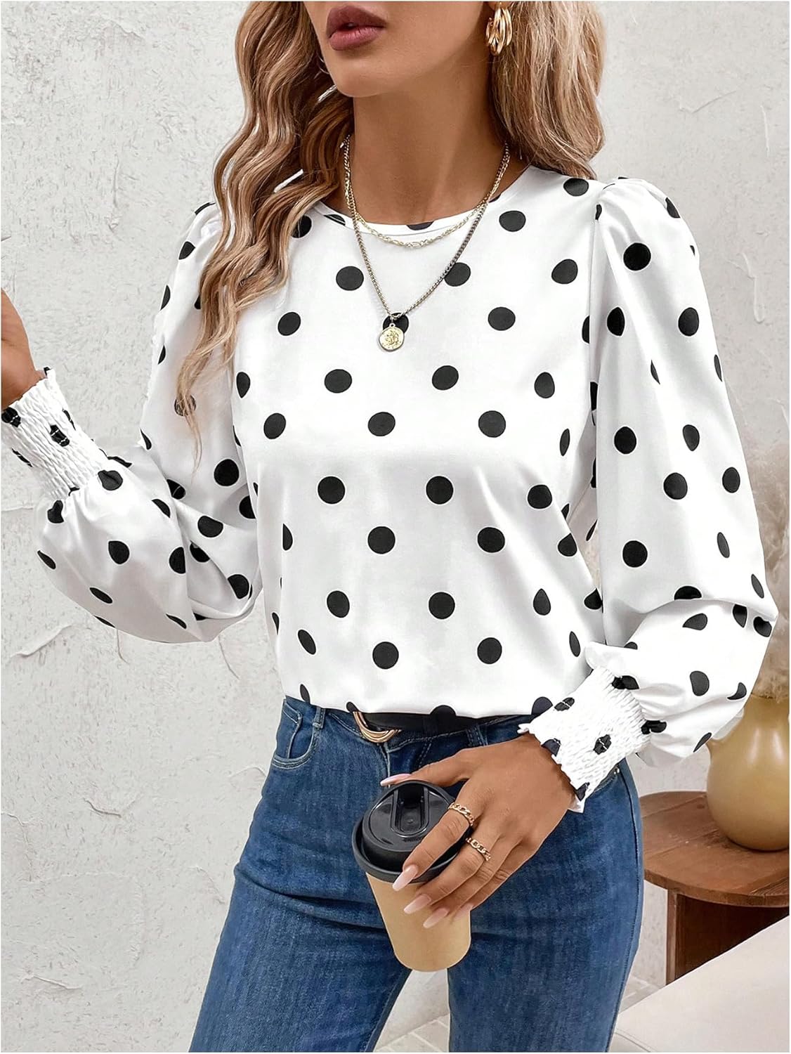Floerns Women's Polka Dots Blouse Puff Long Sleeve Crewneck Business Casual Work Shirts Tops - Image 4