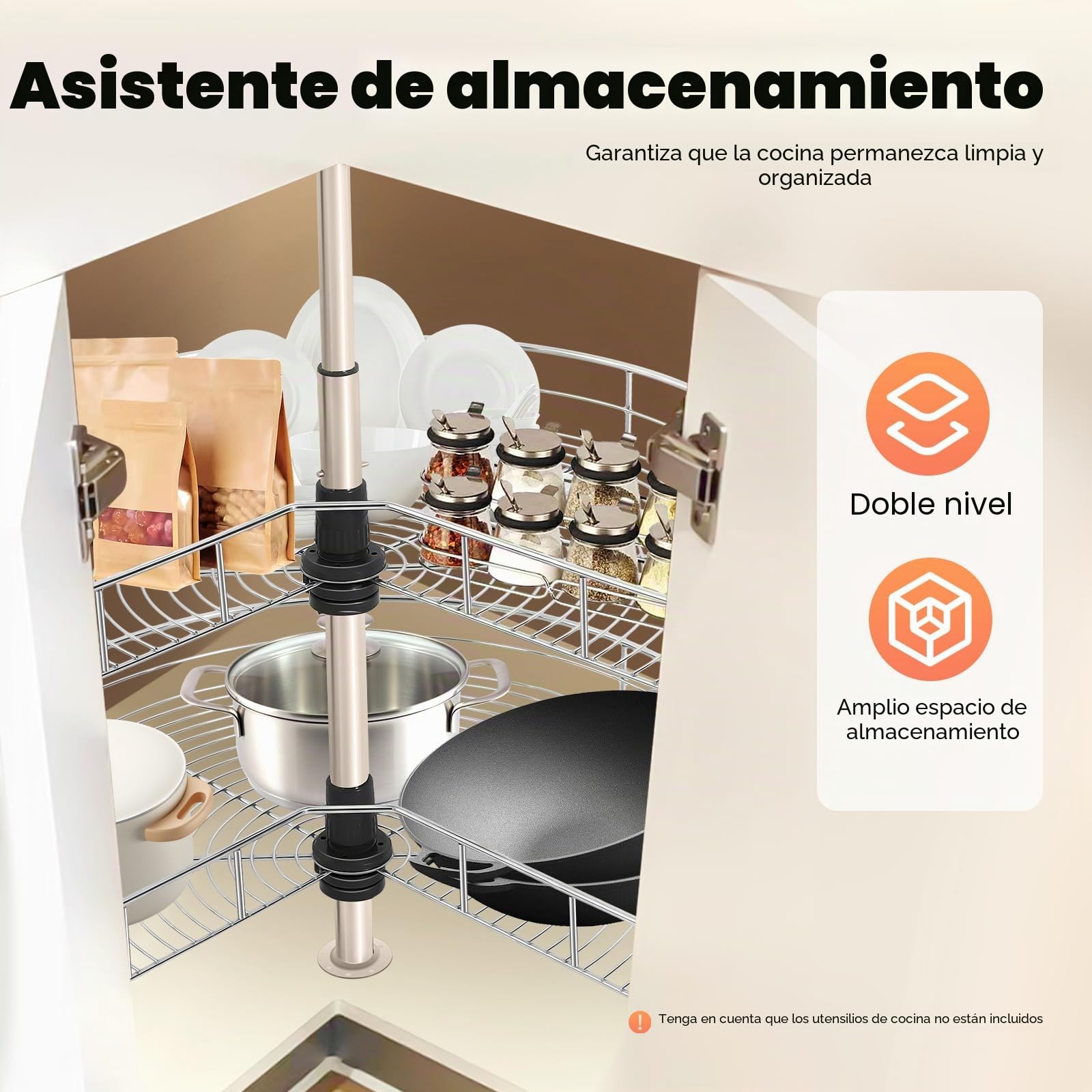 Organizador de armario de esquina, giratorio 270°, altura regulable (54,4-77 cm), plata, hierro, 2 niveles, redondo, 71 cm de diámetro, capacidad de carga de 8 kg por cesta
