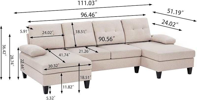 Soscana 111" Sectional Couch for Living Room, 4 Seater U-Shaped Sofa Couches with Double Chaise Polyester Linen Fibre, Beige image 2