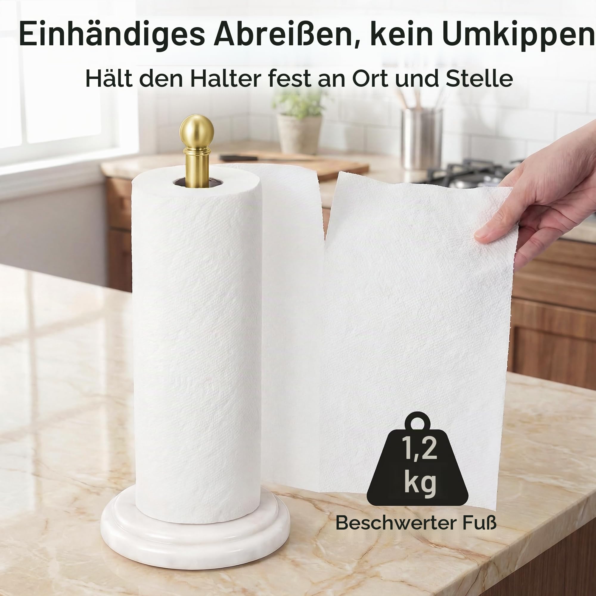 KES Küchenrollenhalter Marmor Stehend, Küchenrollenhalter Stehend Arbeitsplatte, Küchenrolle Halter Küchenpapierhalter aus 18/8 Edelstahl, Rostfrei, Gebürstetes Gold, KPH208-BZ