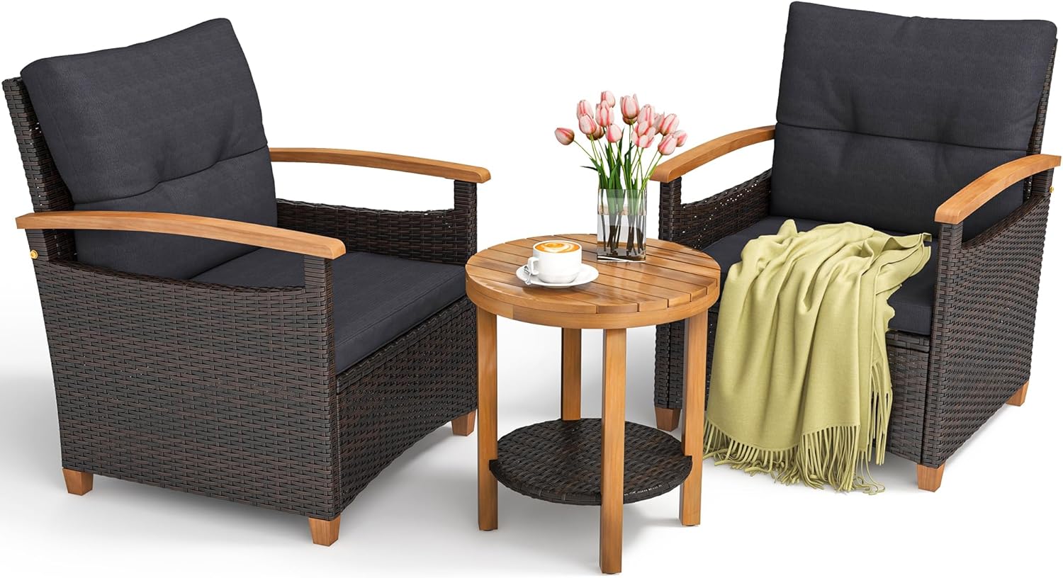 YITAHOME Wooden Armrest 3-Piece Patio Bistro Set, Wicker Bistro Set with Soft Cushions Comfort for Backyard, Balcony and Deck, Wooden Armrest and Side Table, Brown+Charcoal Gray