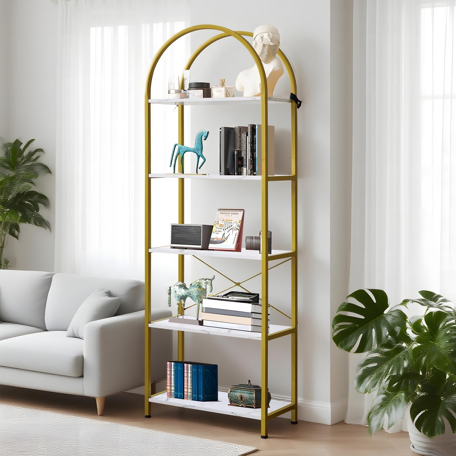 Arched Book Shelf, 5 Tier Bookcase with Sturdy Metal Frame, 60x28x180cm Arched Storage Shelf, Freestanding Display Shelving Unit, Floor Standing Book Shelf for Living Room, Working Bathroom - Gold