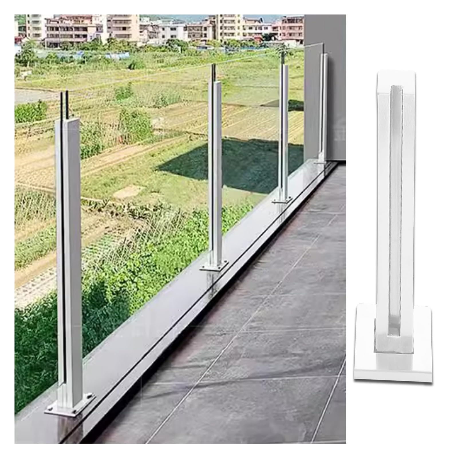 Poteau garde-corps verre avec joint caoutchouc colonne inox blanche