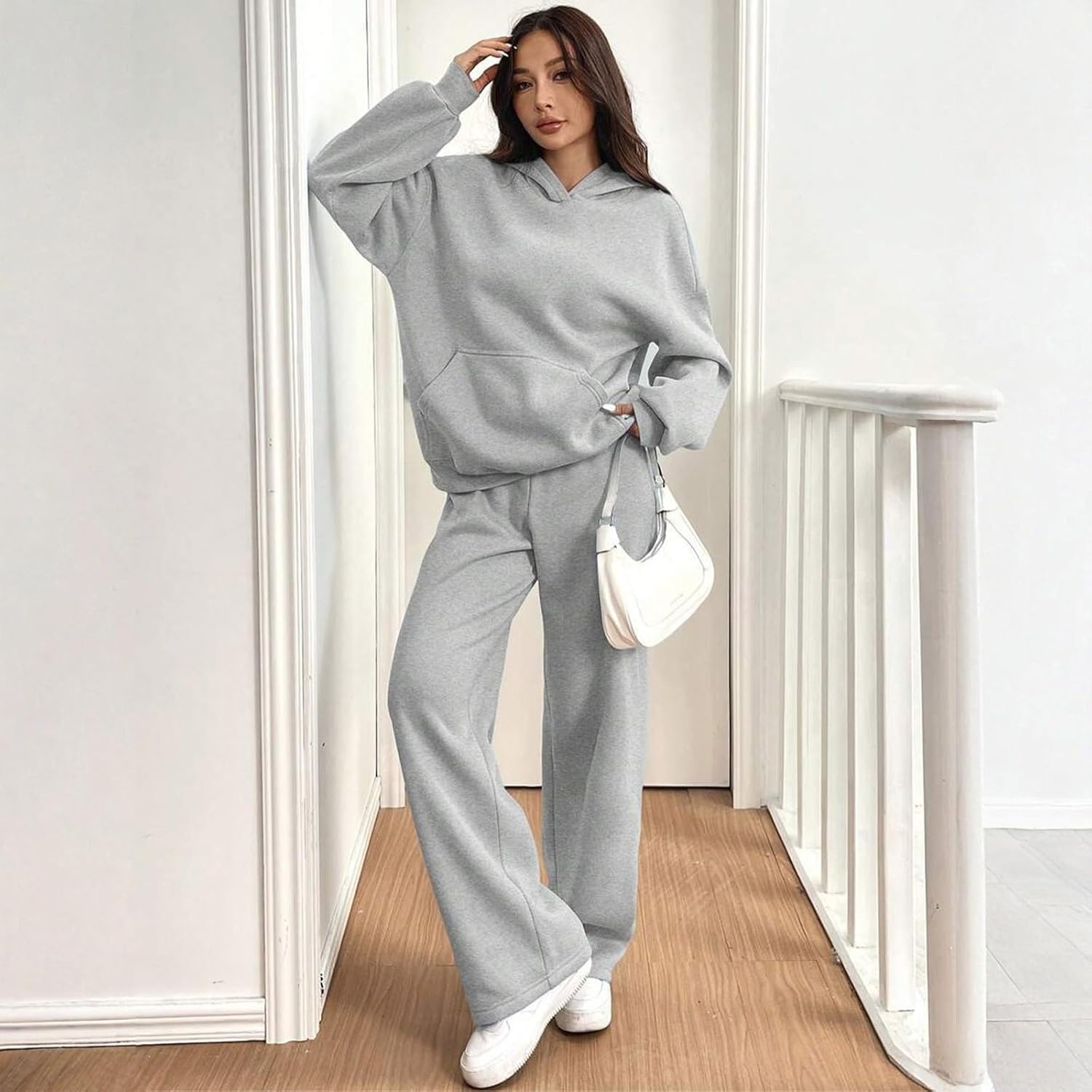 Sweatsuits Women 2 Piece Outfit Fleece Cute Oversized Hoodies Y2k High Waisted Baggy Wide Leg Sweatpants with Pockets - Image 2