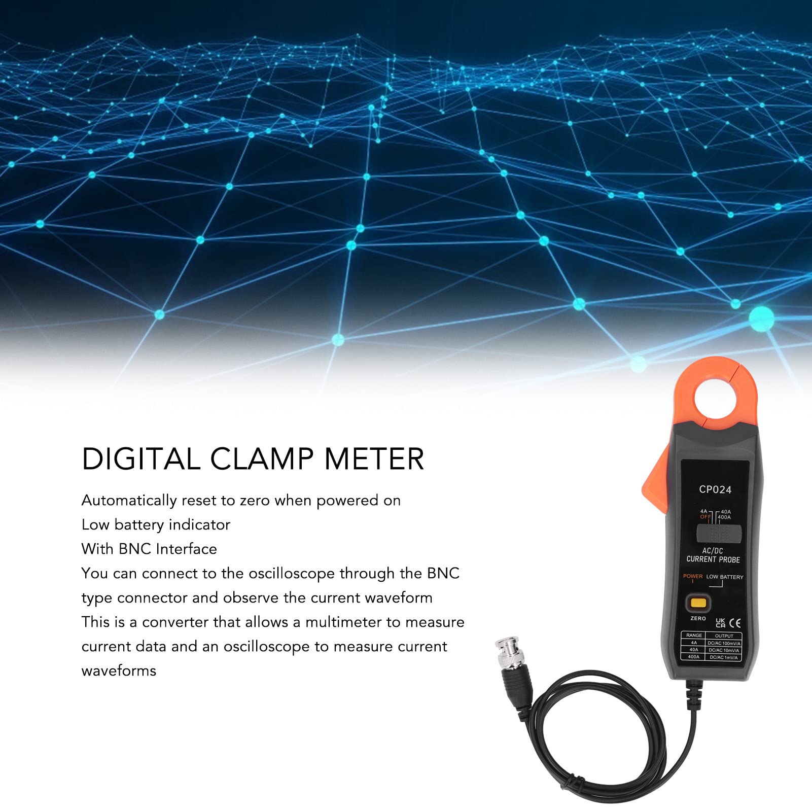 Pinza amperometrica AC DC Pinza amperometrica interfaccia BNC 4 A a 400 A Alta precisione per multimetro oscilloscopio Test elettrico Materiale ABS Dimensione ganascia 23 mm