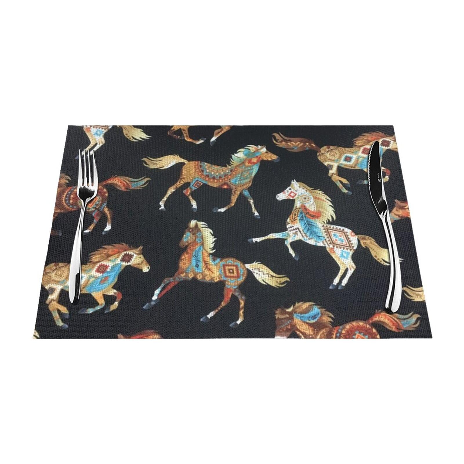 PVC Placemat Set of 6 PCS, 45x30 CM, Brown Horse Printed Non-Slip Heat Resistant Place Mats for Kitchen Dining Table Indoor Outdoor