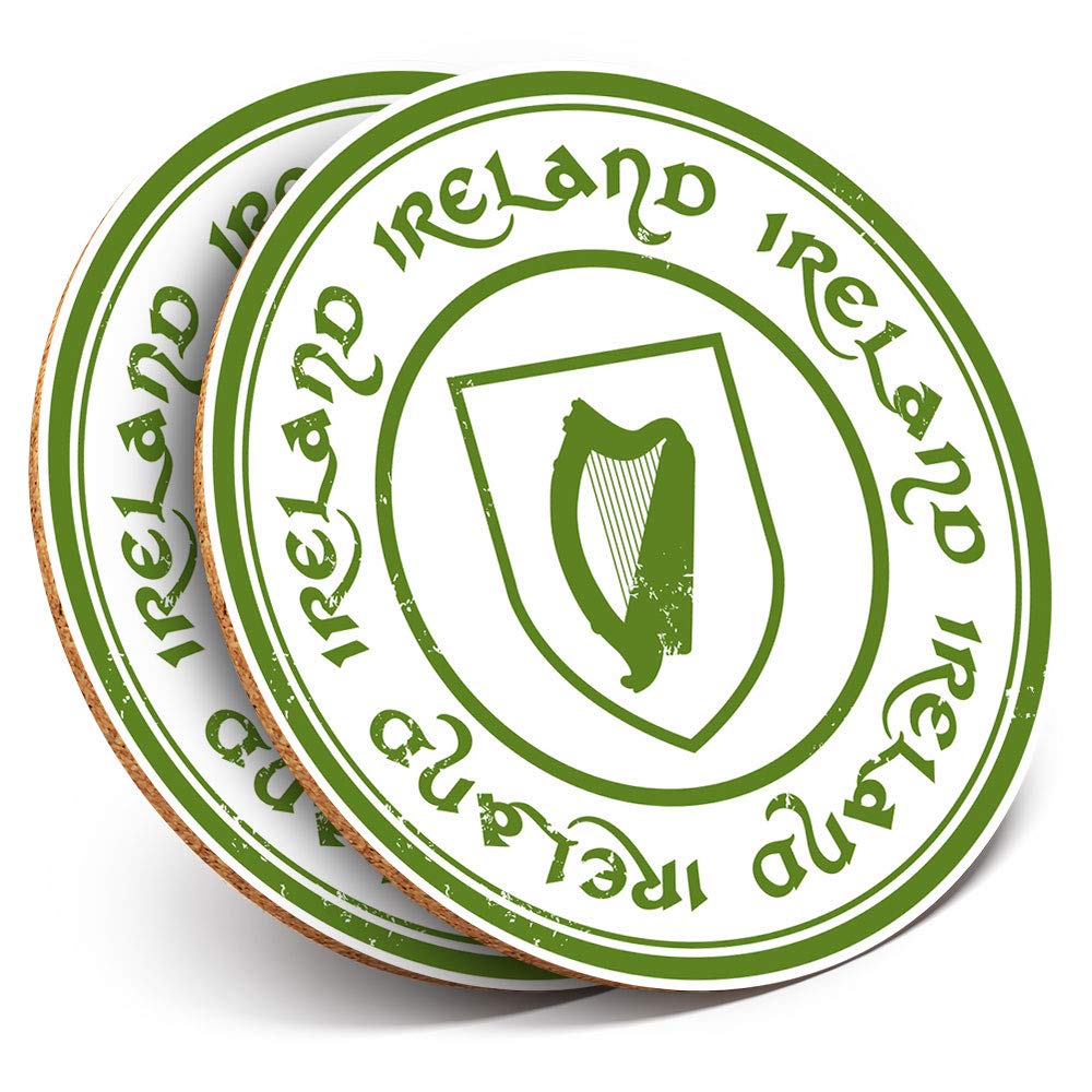 Destination Vinyl Ltd Multicolor 2 X Round Coasters - Ireland Flag Print Irish Harp Travel - Cork Backed Home Kitchen Accessory Tea Coffee Mug Mat #5391