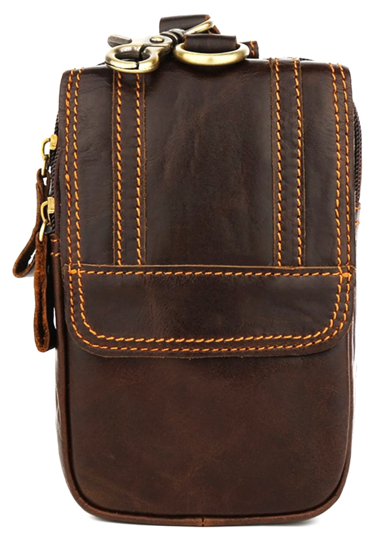 【COOLPIPIT】 ウエストバッグ 縦型 メンズ ウエストポーチ 本革 レザー 腰バッグ スマホポーチ 牛皮 2ポケット 携帯収納 2WAY ベルトスタイル カラビナ付き (ブラウン)